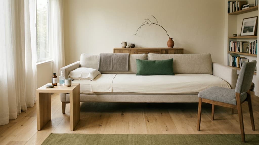 A sofa prepared with a white sheet, pillow, and blanket in a bright residential living room.